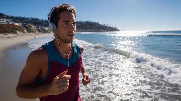 波打ち際を爽やかに駆け抜けるランナー 波打ち際を爽やかに駆け抜けるランナーの写真
