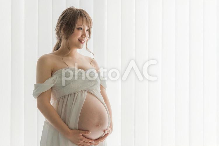 マタニティフォトの撮影をする妊婦の女性 妊婦,妊娠,マタニティフォトの写真素材