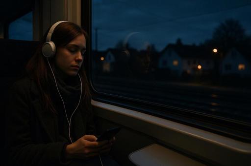 夜汽車の中のヘッドフォン少女 夜汽車の中のヘッドフォン少女の写真