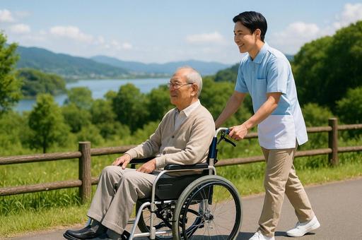 車椅子で散歩する高齢者と介護士 車椅子で散歩する高齢者と介護士の写真