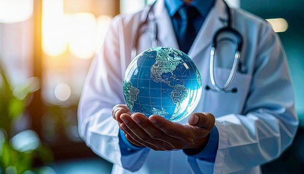 世界を救う　ガラスの地球を持つ医師の手の写真