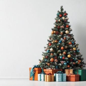 プレゼントが置いているクリスマスツリー プレゼントが置いているクリスマスツリーの写真