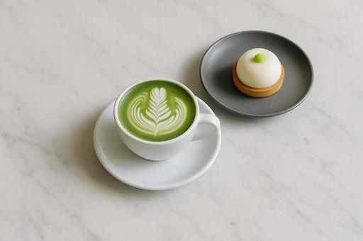 光に包まれた抹茶ラテとデザート 光に包まれた抹茶ラテとデザートの写真