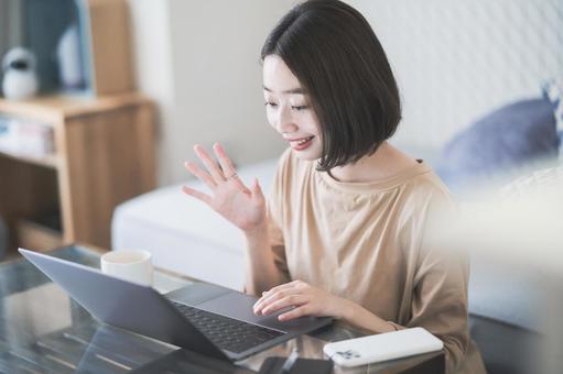 Women communicating online, stay home, computer, pc, JPG