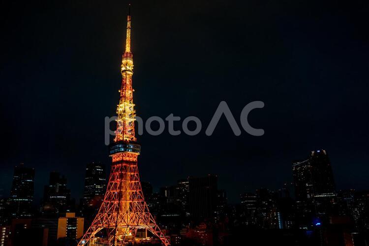 夜景と東京タワーのライトアップ 東京タワー,夜景,ライトアップの写真素材