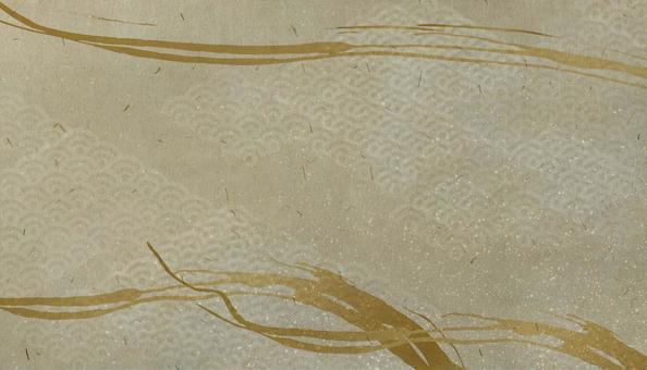 ベージュ和紙に金の筆の流線柄の背景素材 和紙,金色,背景の写真素材