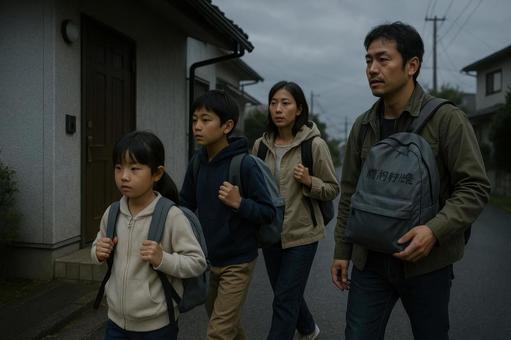 避難指示に従い外に出る家族 避難指示に従い外に出る家族の写真