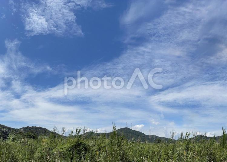 青空と草原 空,雲,山の写真素材