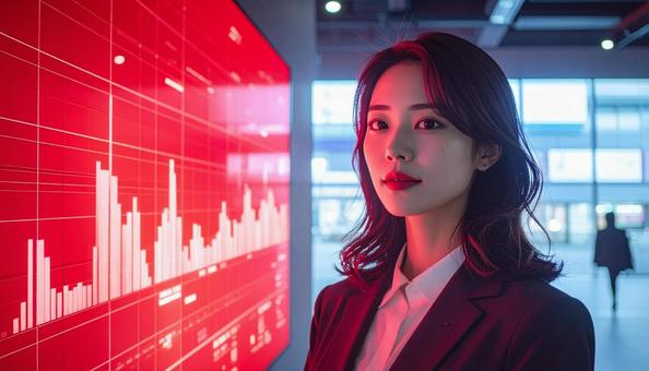 ディルプレイのチャートの前に立つ女性社員 ディルプレイのチャートの前に立つ女性社員の写真