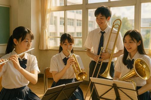 教室で練習をする吹奏楽部の生徒たち 教室で練習をする吹奏楽部の生徒たちの写真