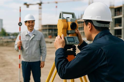 建設現場で測量中の作業員 建設現場で測量中の作業員の写真