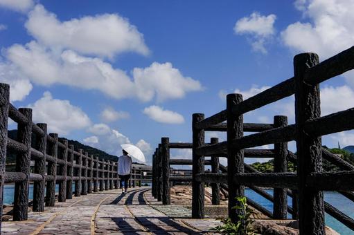<素材>海辺の遊歩道を散歩する日傘の女性 <素材>海辺の遊歩道を散歩する日傘の女性 女性,海,空の写真素材