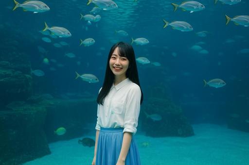 水族館で魚を背景に立つ女性 水族館で魚を背景に立つ女性の写真