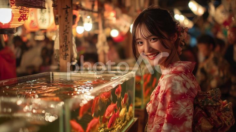 夏祭りを楽しむ浴衣を着た女性 夏祭り,浴衣,金魚の写真素材
