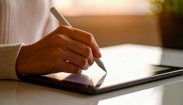 ペンタブレットで絵を描く女性の手もと ペンタブレットで絵を描く女性の手もとの写真