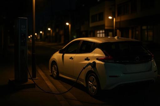 夜の住宅街に停車する白い電気自動車 夜の住宅街に停車する白い電気自動車の写真