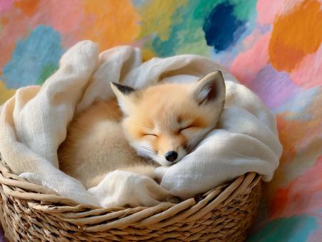 バスケットの中で眠る子ぎつねの写真