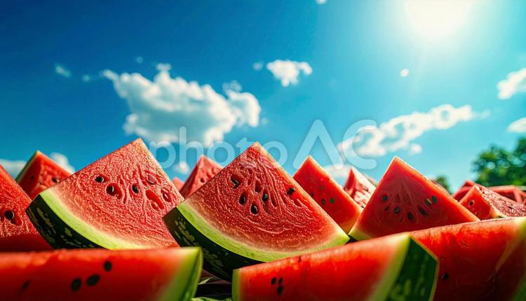 カットしたスイカと真夏の青空 スイカ,夏,赤色の写真素材