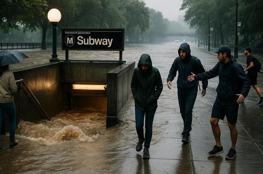 豪雨で冠水するSubway入口 豪雨で冠水するSubway入口の写真