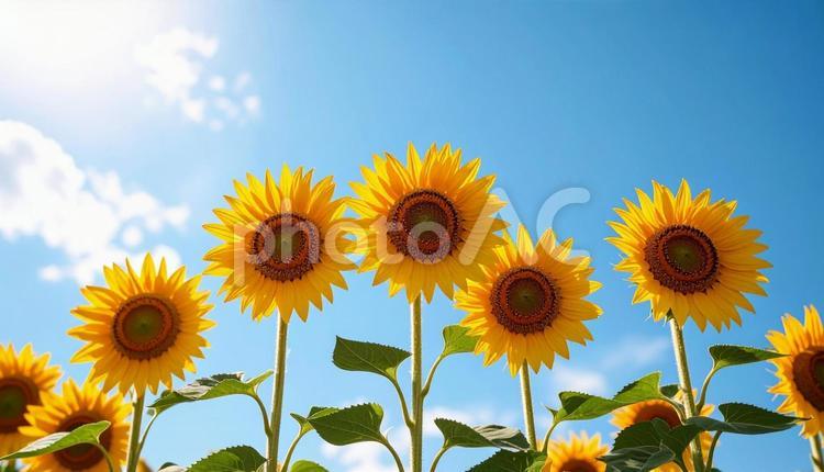 真夏の青空の下のヒマワリ ひまわり,畑,夏空の写真素材