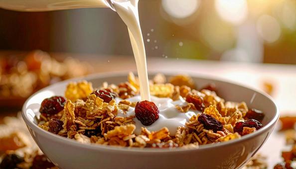 ドライフルーツ入りのシリアルに牛乳かけの写真