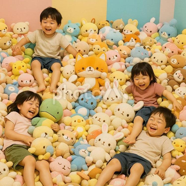 ぬいぐるみだらけの部屋で遊ぶ子供 ぬいぐるみ,子供,キッズスペースの写真素材