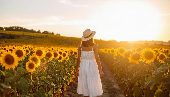 ひまわり畑 夕暮れ ワンピース 女性 ひまわり畑 夕暮れ ワンピース 女性の写真