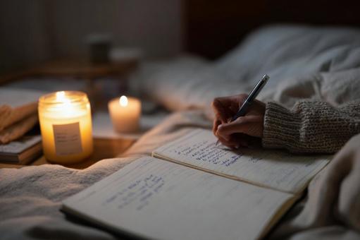 柔らかな光の中でジャーナルに書き込む女性 柔らかな光の中でジャーナルに書き込む女性の写真