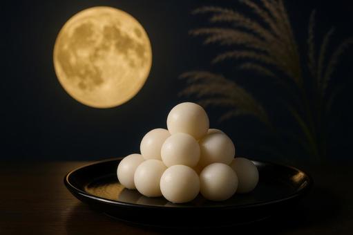 漆器の皿に並ぶ白い団子と月夜の写真