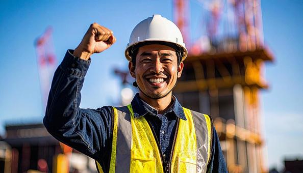 建設現場でガッツポーズする建設作業員 建設現場でガッツポーズする建設作業員の写真