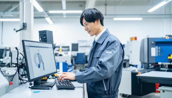 工場の三次元測定機を使う作業服の男性 工場の三次元測定機を使う作業服の男性の写真