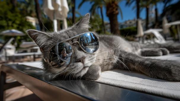 バカンスを楽しむクールな猫の姿 バカンスを楽しむクールな猫の姿の写真