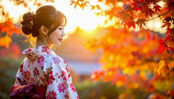 紅葉を眺める晴れ着姿の女性のポートレートの写真