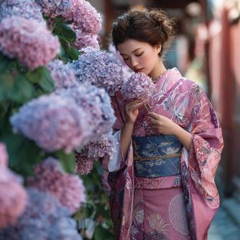 ピンクの紫陽花と浴衣美女 ピンクの紫陽花と浴衣美女の写真