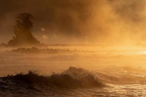 黄金色の海と手前の荒波 波,海,荒波の写真素材