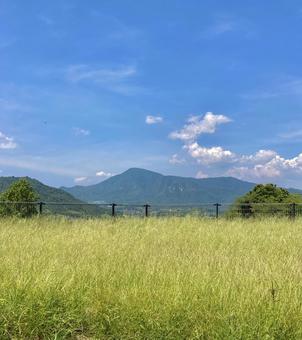 草原と青空と山 草原と青空と山の写真