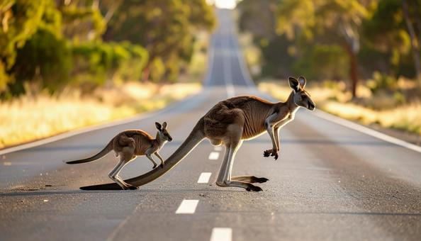 道路を横切るカンガルーの親子 道路を横切るカンガルーの親子の写真