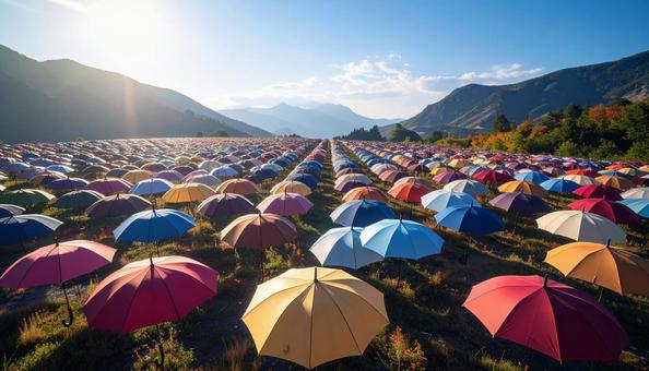 晴れの日に干しているカラフルな沢山の傘 晴れの日に干しているカラフルな沢山の傘の写真