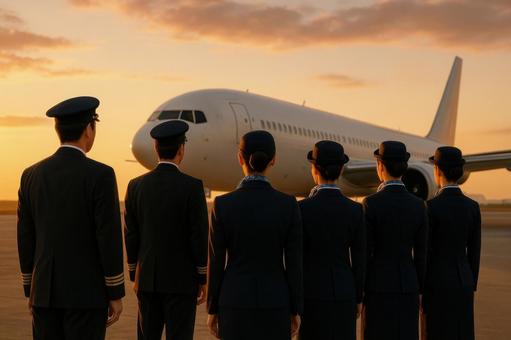 飛行機を背景に並ぶ乗務員たちの後ろ姿 飛行機を背景に並ぶ乗務員たちの後ろ姿の写真