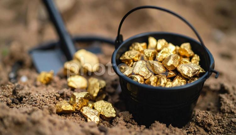 金を掘るイメージ　金塊と金属探知機 金,金属探知機,マネーの写真素材