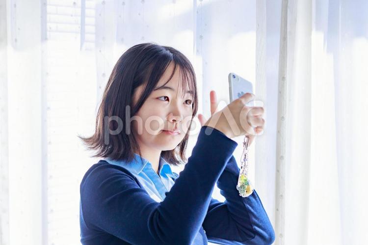 窓際で自撮りをする若い女性 女性,スマホ,自撮りの写真素材