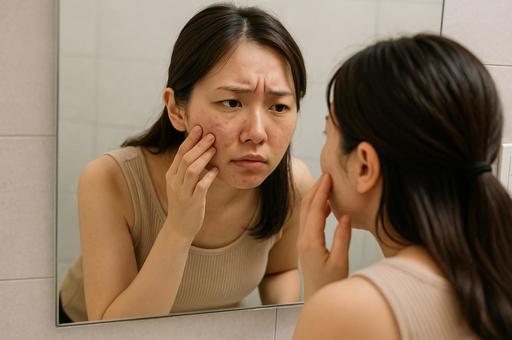 鏡越しに肌荒れを気にする若い女性 鏡越しに肌荒れを気にする若い女性の写真