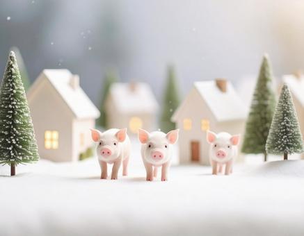 豚の散歩 冬の雪の町 豚の散歩 冬の雪の町の写真