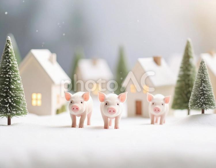 豚の散歩　冬の雪の町 冬,豚,雪の写真素材