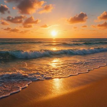 夕焼けに染まる海の風景の写真