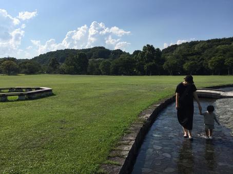 緑あふれる公園を歩く親子の夏のひととき 公園,夏,緑の写真素材