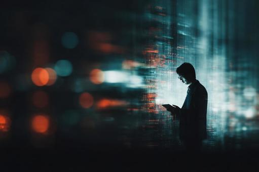 夜景を見ながらタブレットを使う男性の写真