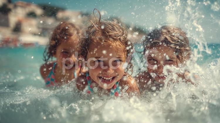 海で遊ぶ笑顔の子供たち 海,波,砂浜の写真素材