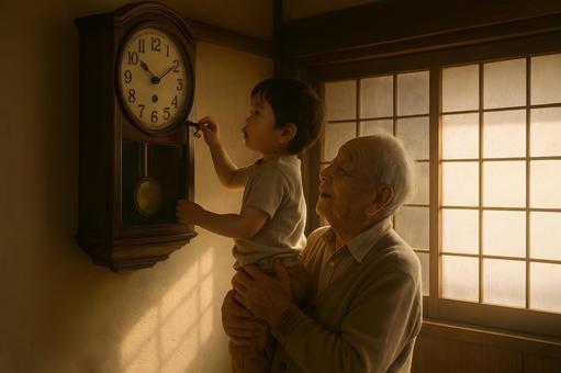 時計を覗く孫と祖父の写真