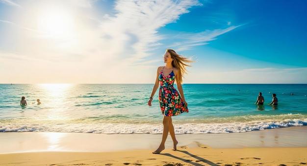 美しい海辺を歩く花柄ワンピースを着た女性 美しい海辺を歩く花柄ワンピースを着た女性の写真
